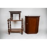 A George III small mahogany wall hanging corner cupboard along with a 19th Century mahogany stool