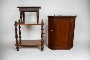 A George III small mahogany wall hanging corner cupboard along with a 19th Century mahogany stool