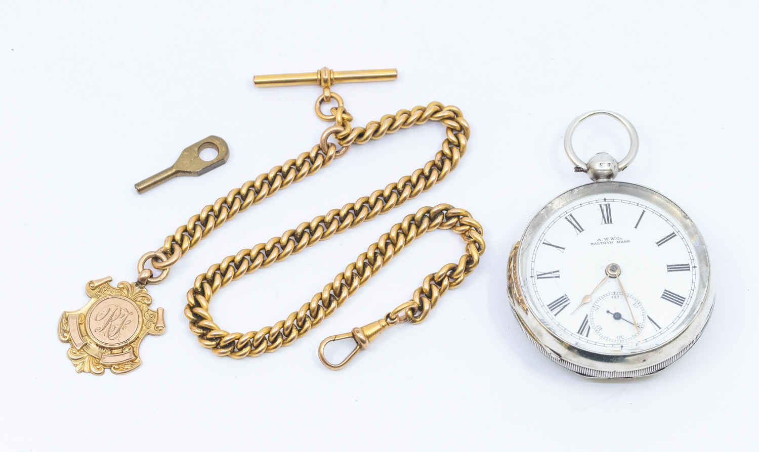 An A.W.W Co Waltham silver cased pocket watch, comprising a white enamel dial with numeral