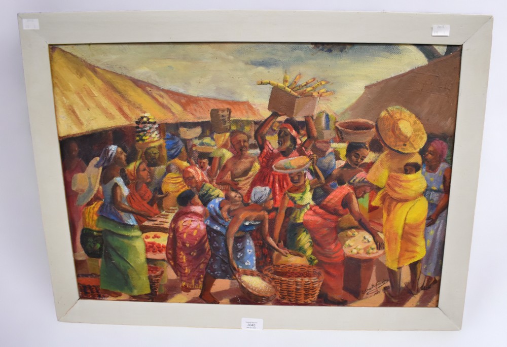 A mid 20th Century oil on board abstract of Kumast market by Edna Nyarko Fianko (Ghanaian, C1965) in