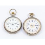 Two ladies silver cased open faced pocket watches, both with white enamel dials, gilt accents and