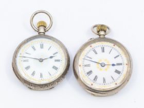 Two ladies silver cased open faced pocket watches, both with white enamel dials, gilt accents and