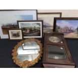 A 1930s eight day wall clock, a 20th Century mirror, collection of prints and a display cabinet.