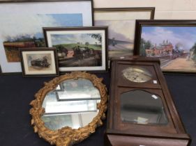 A 1930s eight day wall clock, a 20th Century mirror, collection of prints and a display cabinet.