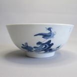 A very rare Worcester blue and white slop bowl with 'holed rock and bird' pattern Circa 1756.