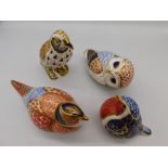 Four Crown Derby gold stopper paperweights, Songthrush, Bullfinch, Jay and Owl (4)