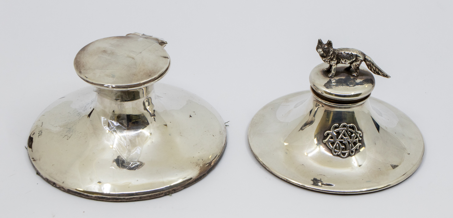 An Edwardian silver capstan inkwell, with novelty model of a fox to cover, relief initials to