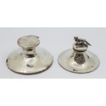 An Edwardian silver capstan inkwell, with novelty model of a fox to cover, relief initials to