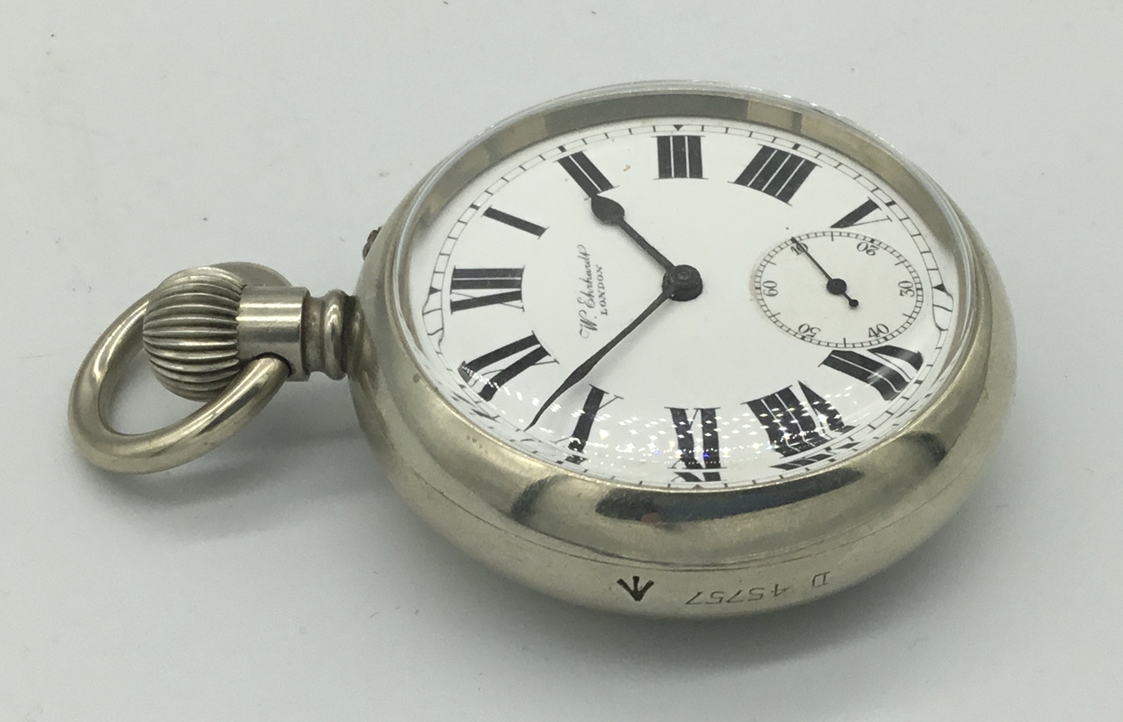 A scarce WW1 era, military D series pocket watch by W.Ehrhardt. Nickel screw back case, marked - Image 3 of 5