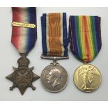 WW1 1914 Star and clasp trio awarded to L-14841 Pte Edward Hewitt of the 1st Royal Fusiliers. To