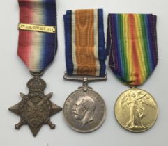 WW1 1914 Star and clasp trio awarded to L-14841 Pte Edward Hewitt of the 1st Royal Fusiliers. To