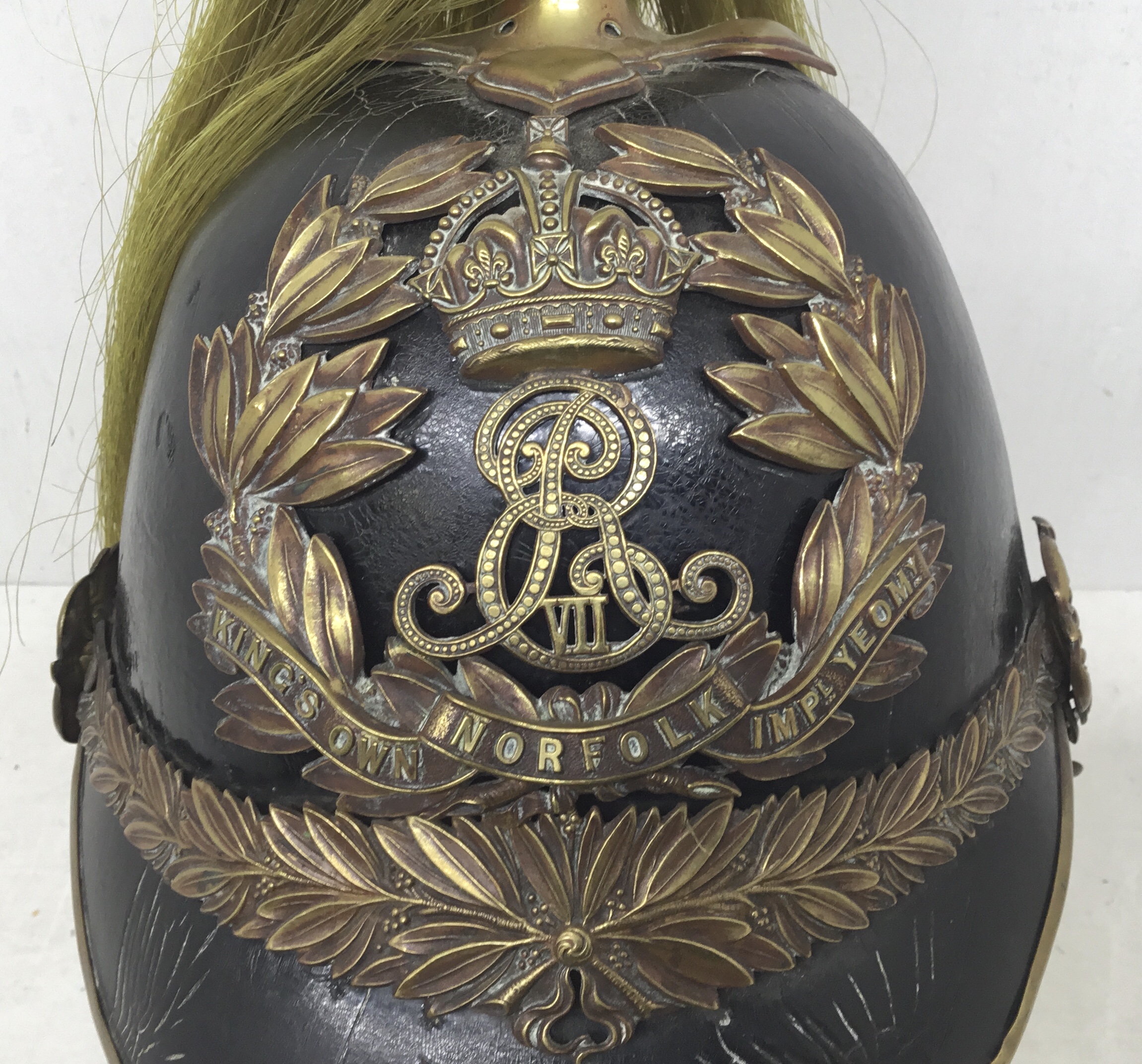 An early 20th century, Edwardian troopers helmet for the King’s Own Norfolk Imperial Yeomanry. - Image 2 of 12