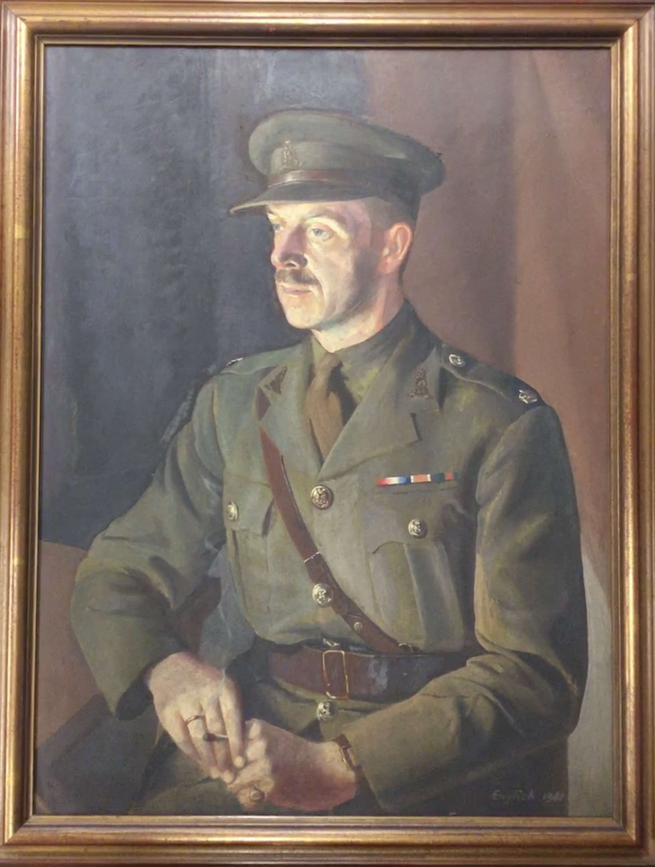 A good quality oil on board portrait of Major E.O.Duggan T.D. M.I.D. Three quarter length