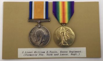 A WW1 medal pair, awarded to William Edward Toole of the Essex Regiment. To include: the British War