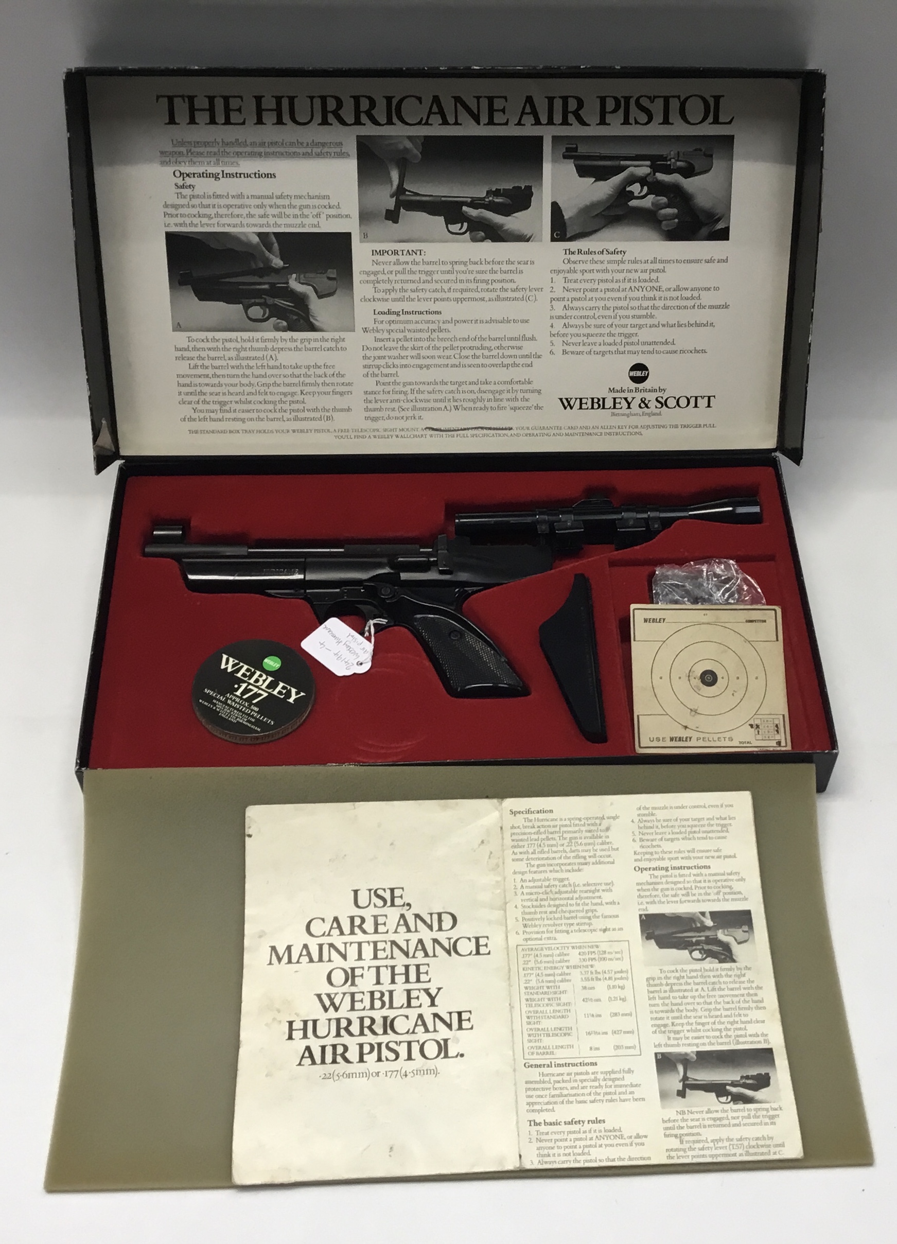 Webley Hurricane .177 over-lever air pistol with telescopic sight in box with literature, pellets