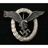 A non maker marked German Luftwaffe Pilots badge,  Two piece construction, with the eagle being