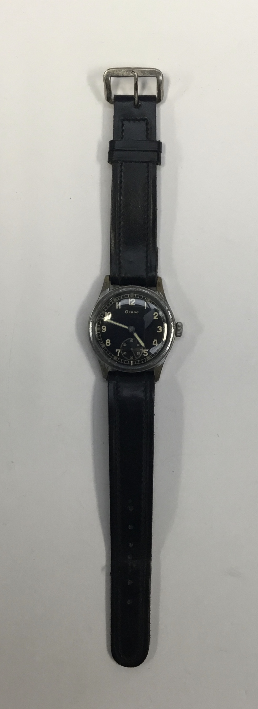 A WW2 era German Wehrmacht issued Grana wristwatch. Black dial with subsidiary dial, and luminescent - Image 2 of 7