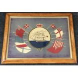 A 19th century folk art sailor’s woolwork picture. Portraying a fully rigged sailing ship at sea,