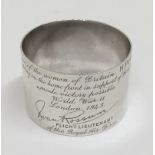 An unusual WW2 era R.A.F related sterling silver napkin ring, apparently gifted by a Flight