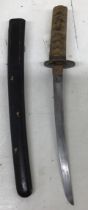Japanese thin bladed Tanto Dagger with black lacquer scabbard decorated with stylised birds in