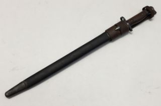 A British WW1 era 1907 pattern Naval issue bayonet with scabbard and scarce 1918 dated leather