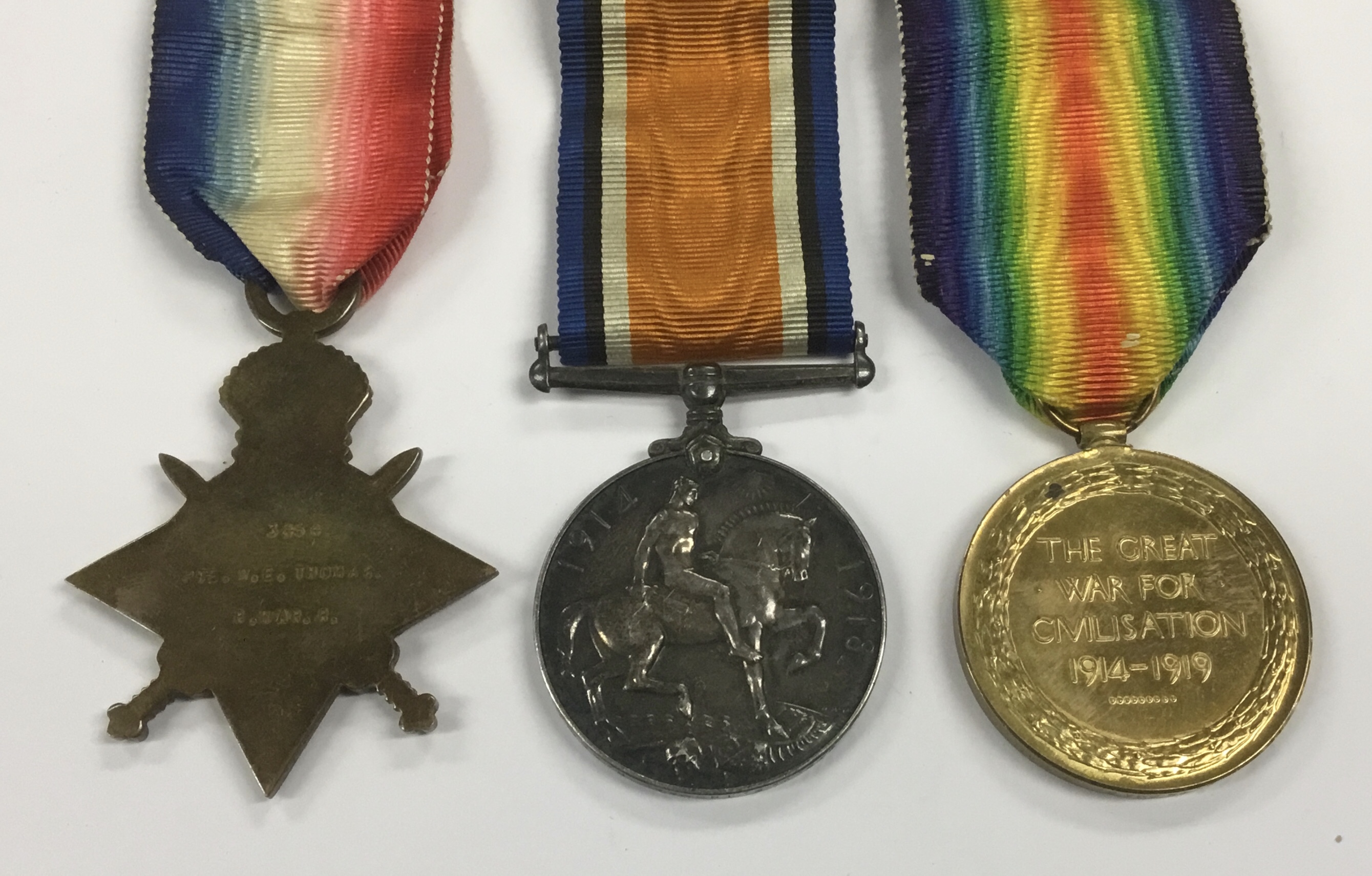 A WW1 1915 Star trio, awarded to 3454 Pte William Edward Thomas of the Royal Warwickshire - Image 3 of 5