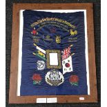 A mid 20th century hand embroidery silk flag, commemorating the 1st Battalion Northamptonshire