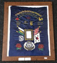 A mid 20th century hand embroidery silk flag, commemorating the 1st Battalion Northamptonshire