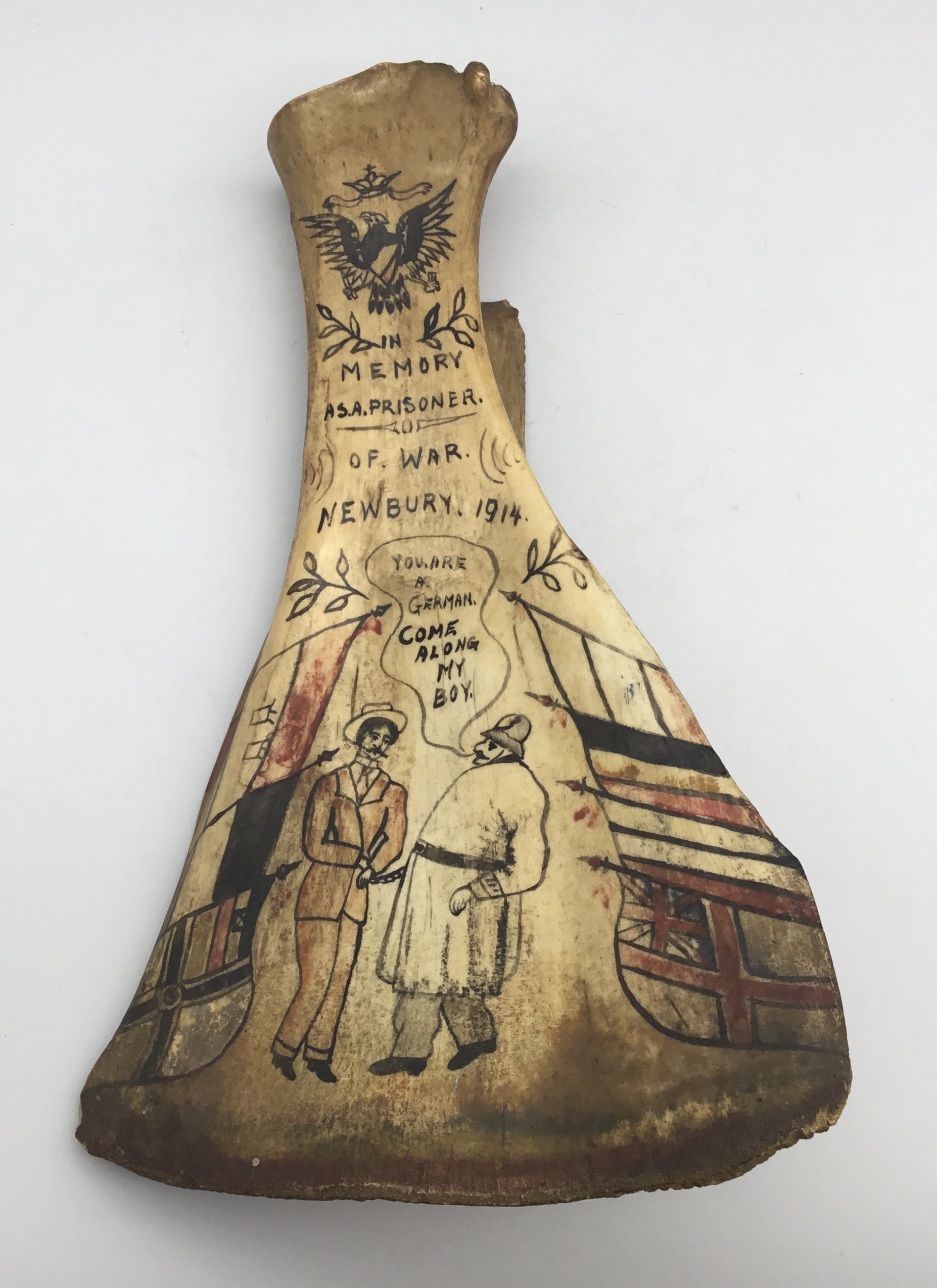 An unusual and interesting WW1 era painted Prisoner of War work bone, dated 1914. Believed to be a