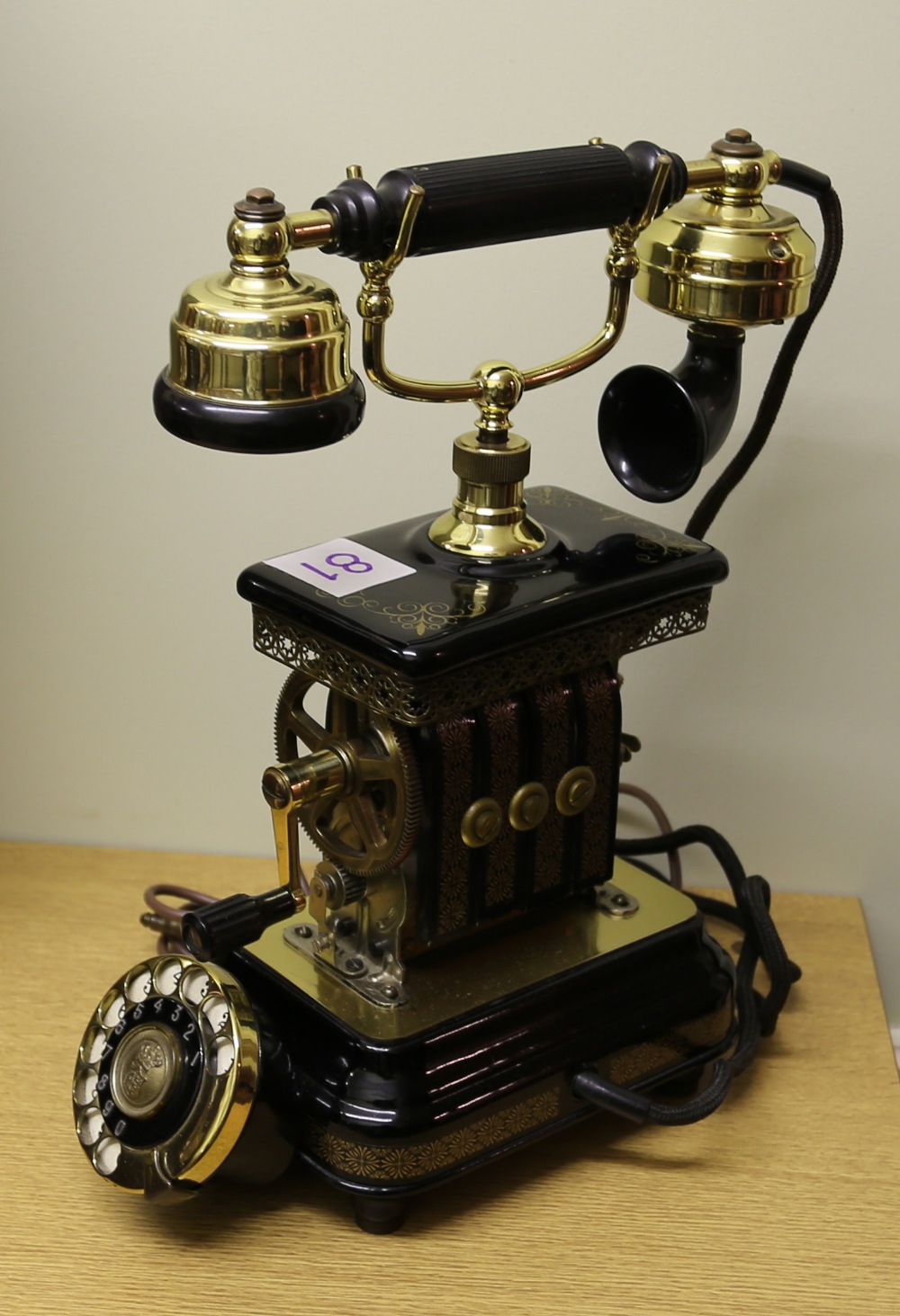 A 20th century ornate crank telephone, Expoga, Denmark with black enamel and gilt decoration. Please - Image 4 of 6