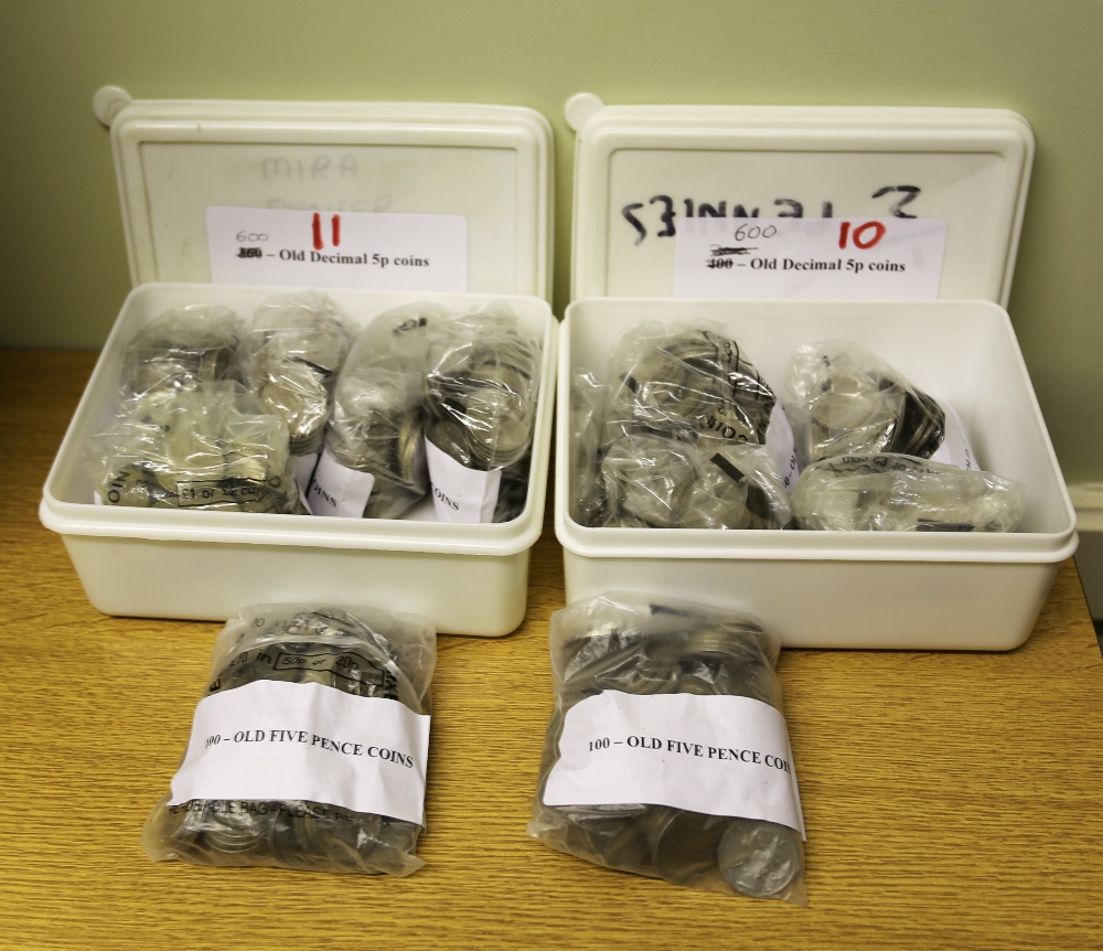 A collection of old decimal 5p coins used for amusement machines. Two small boxes. Approx. 1000.