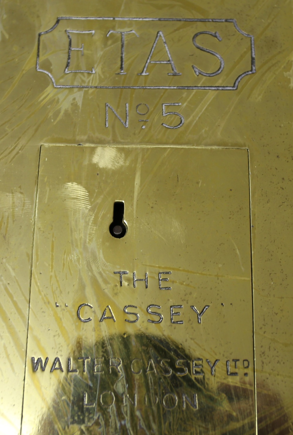 A 19th century solid brass Walter Cassey Limited London toilet lock. ETAS No. 5. With accompanying - Image 2 of 2