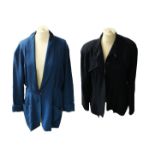 A Jean Muir studio 100% wool teal jacket, size 14, long line design, cowl collar, pleated design