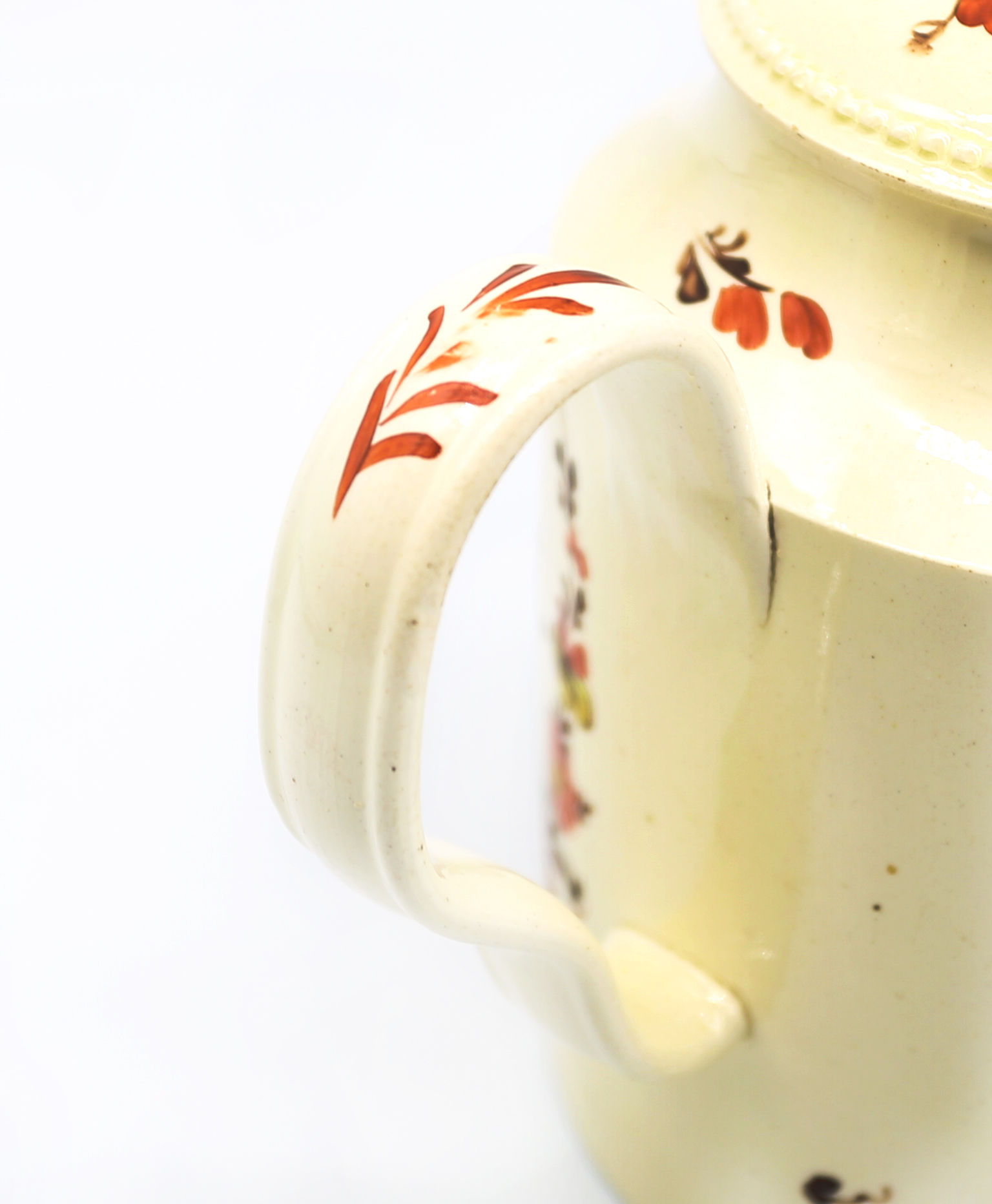 A Staffordshire Creamware William Greatbatch cylindrical teapot and cover, with an ear shaped handle - Image 7 of 15