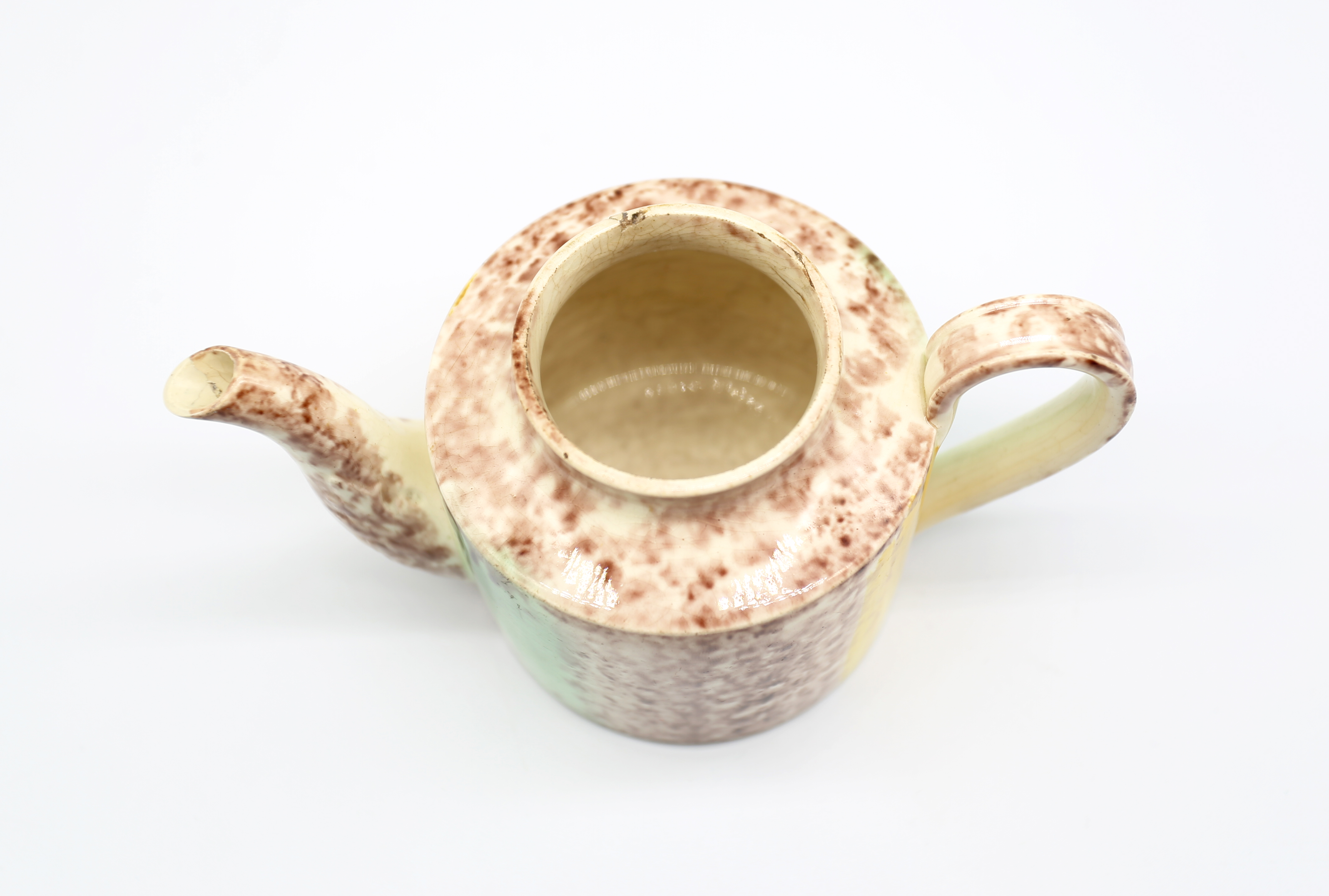 A small cylindrical Whieldon style teapot and cover, sponge decorated in brown, yellow and green - Image 12 of 17