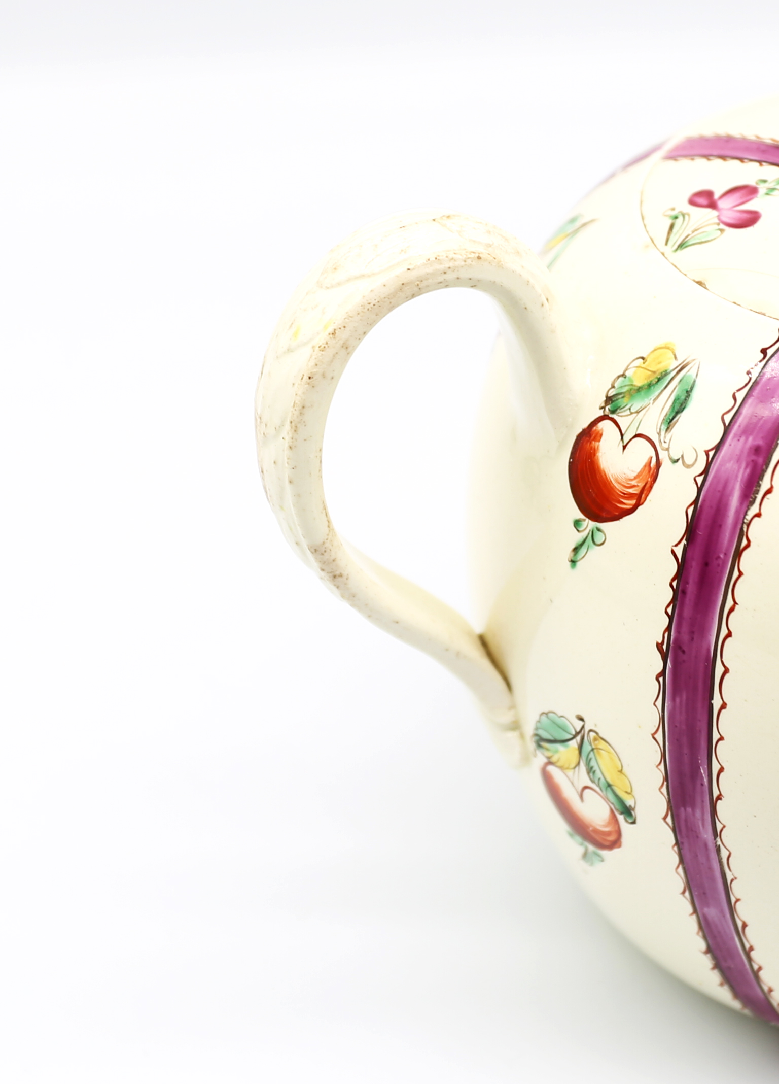 A Staffordshire Wedgwood creamware teapot and cover, painted with puce chintz bands with sprays of - Image 7 of 16