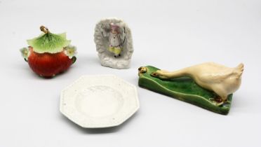 A Chinese glazed majolica ceramic goose and frog rest, approx. 14.2cm long, a small Continental hard