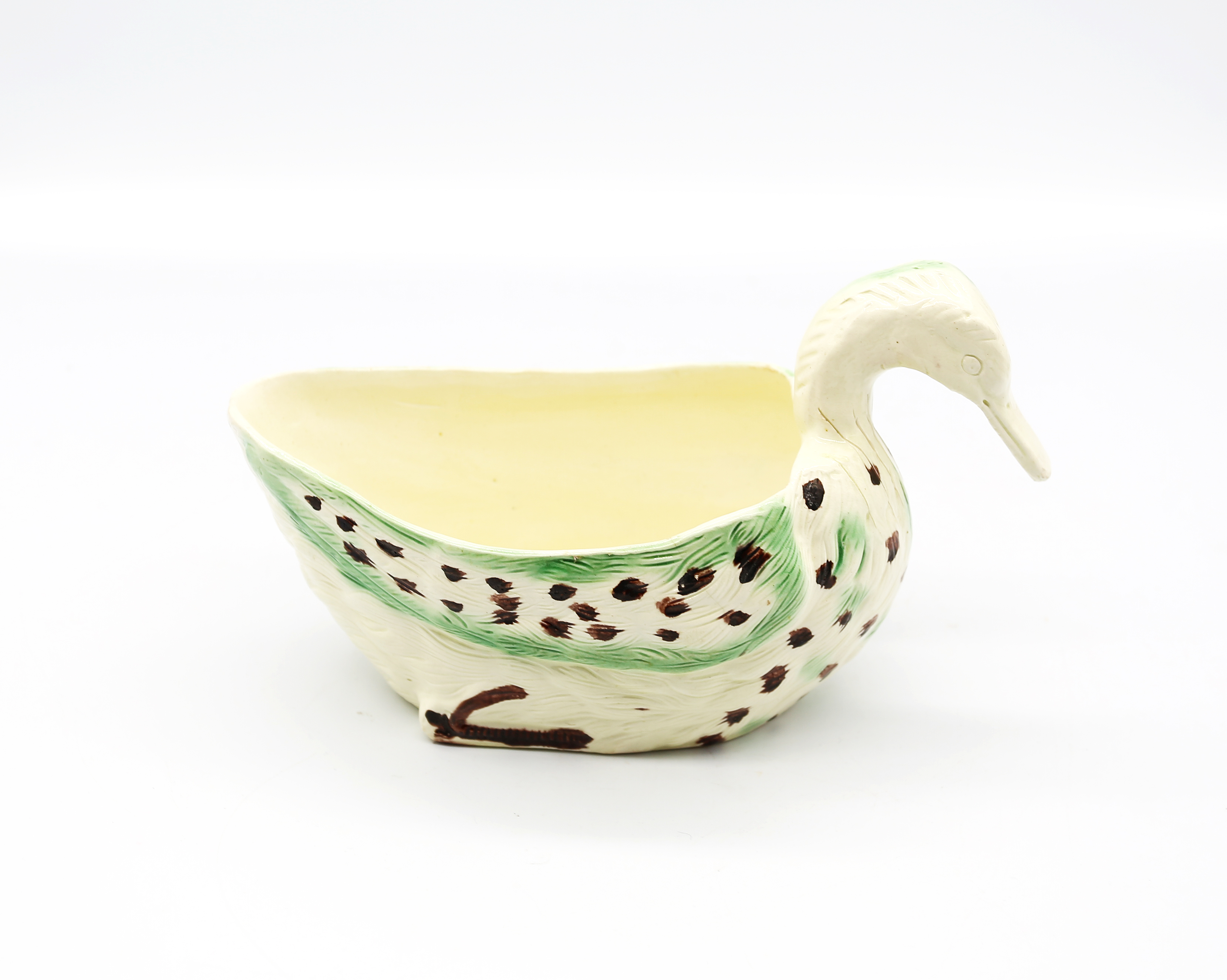 A Staffordshire creamware duck sauce boat decorated in green and brown.  Circa 1780-90 size 19cm x - Image 2 of 13