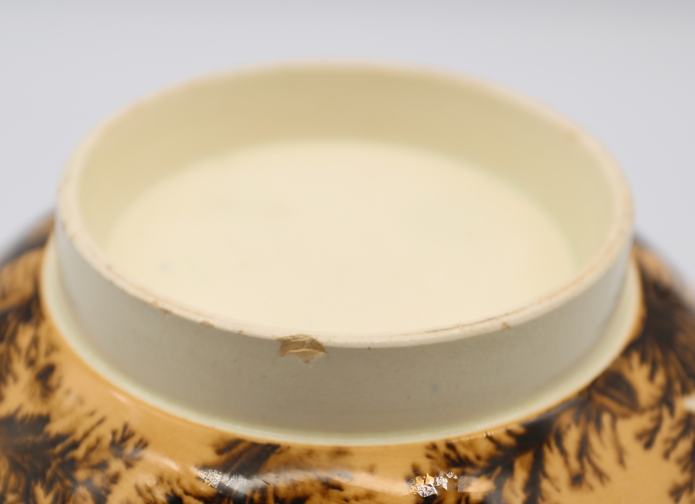 A creamware Mocha bowl, orange ground with black/sepia trees and a green ribbed band to top rim - Image 10 of 11
