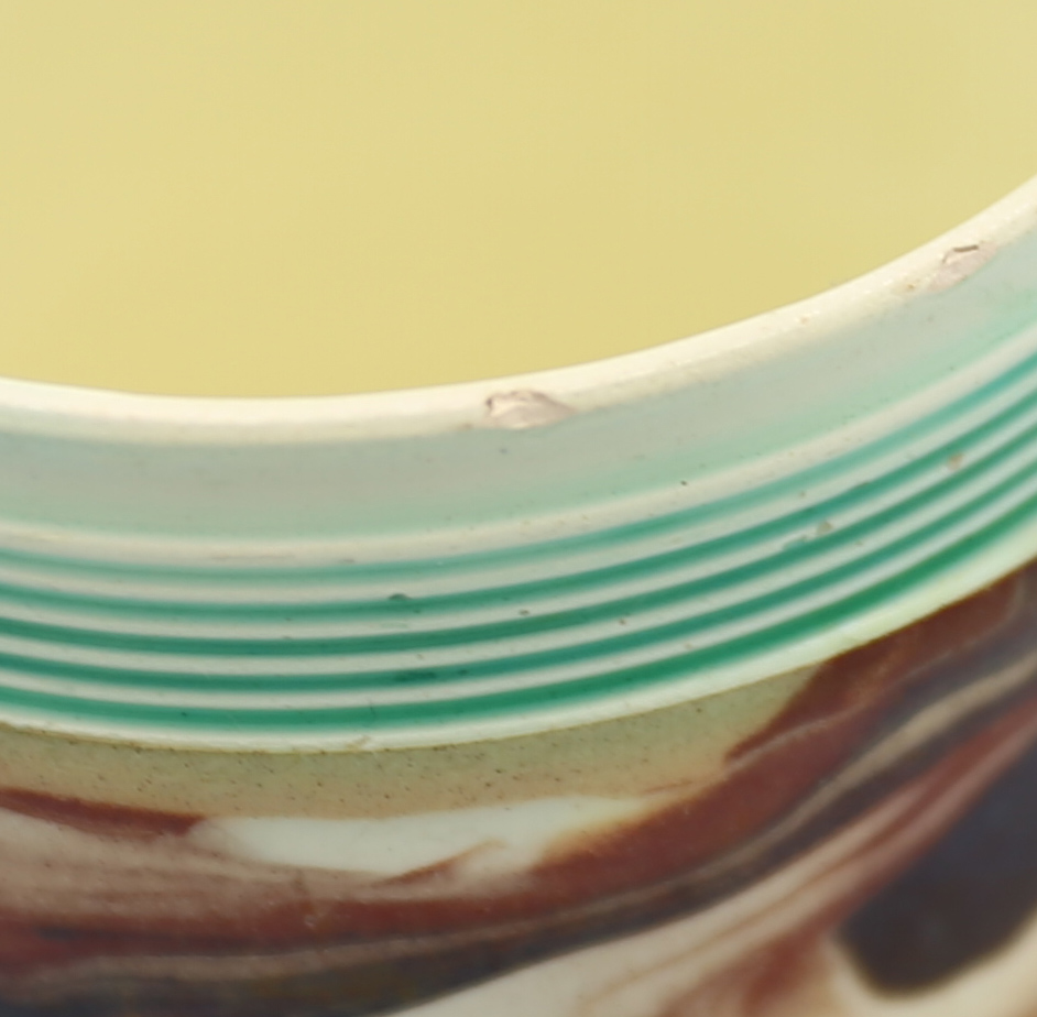 A small creamware cylindrical coffee can, with coloured marbled decoration, with a green ribbed band - Image 6 of 7