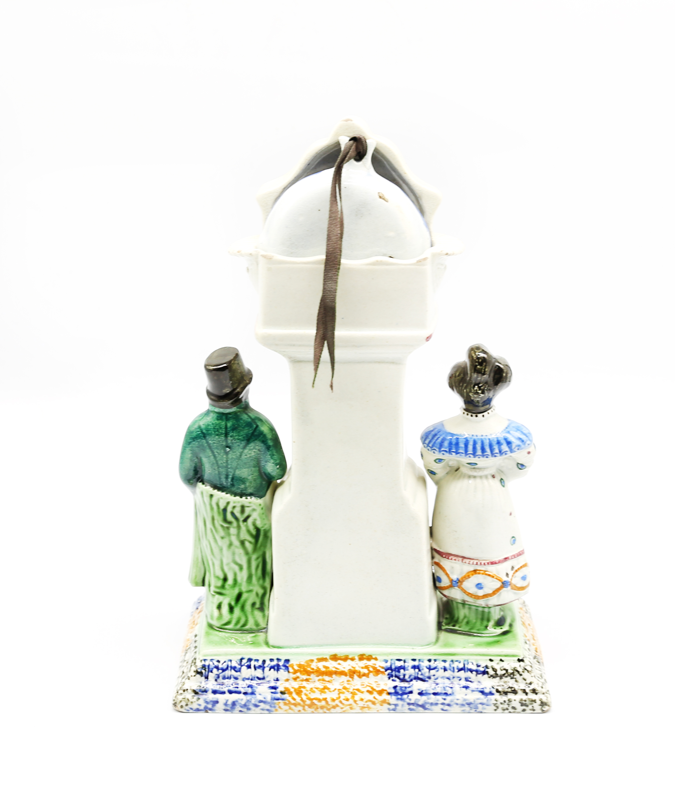 A Prattware watch stand and watch.  Flanked by a man and a woman and a dog. Complete with original - Image 3 of 20