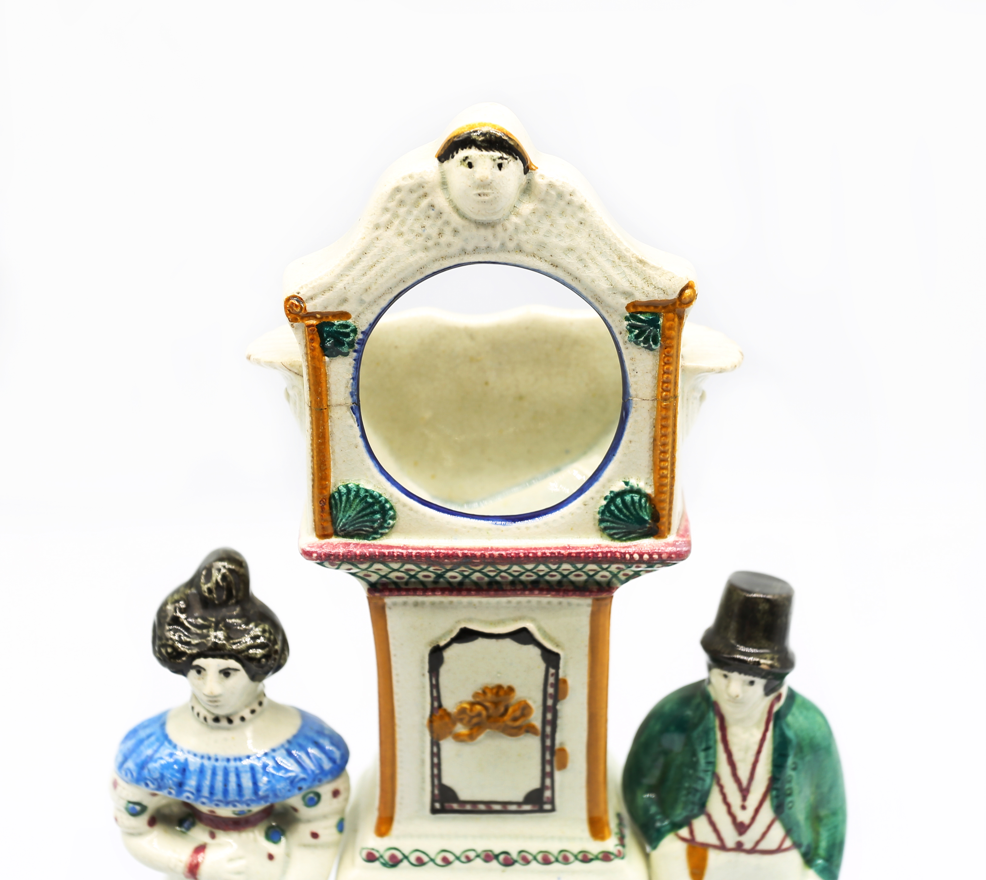 A Prattware watch stand and watch.  Flanked by a man and a woman and a dog. Complete with original - Image 9 of 20