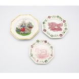 Three 19th century creamware child’s plates, with various prints, The Favorite, The Leopard  and