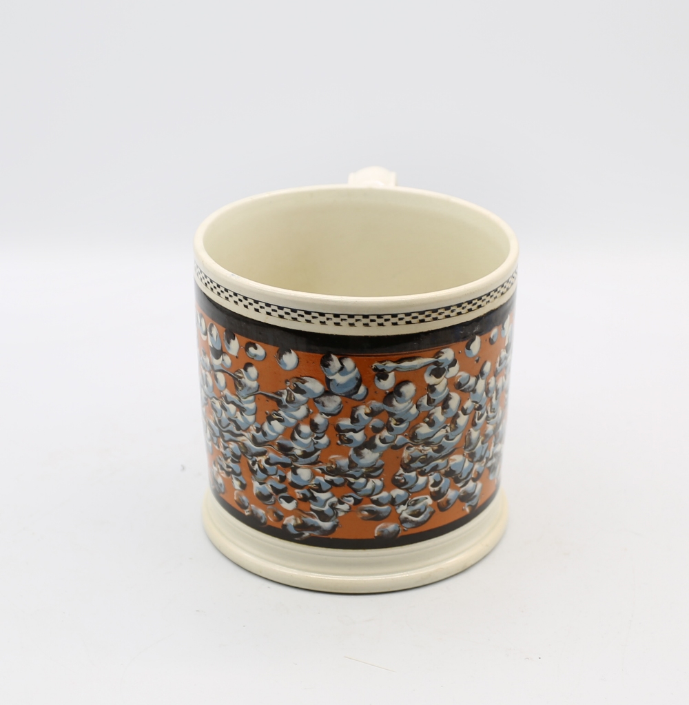 A large creamware mug, orange ground with a spattered finger trail design with  black  borders to - Image 2 of 8