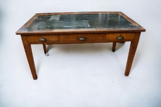 A George V/ George VI Government issue desk in oak, with original stamped handles, 153 x 76 x