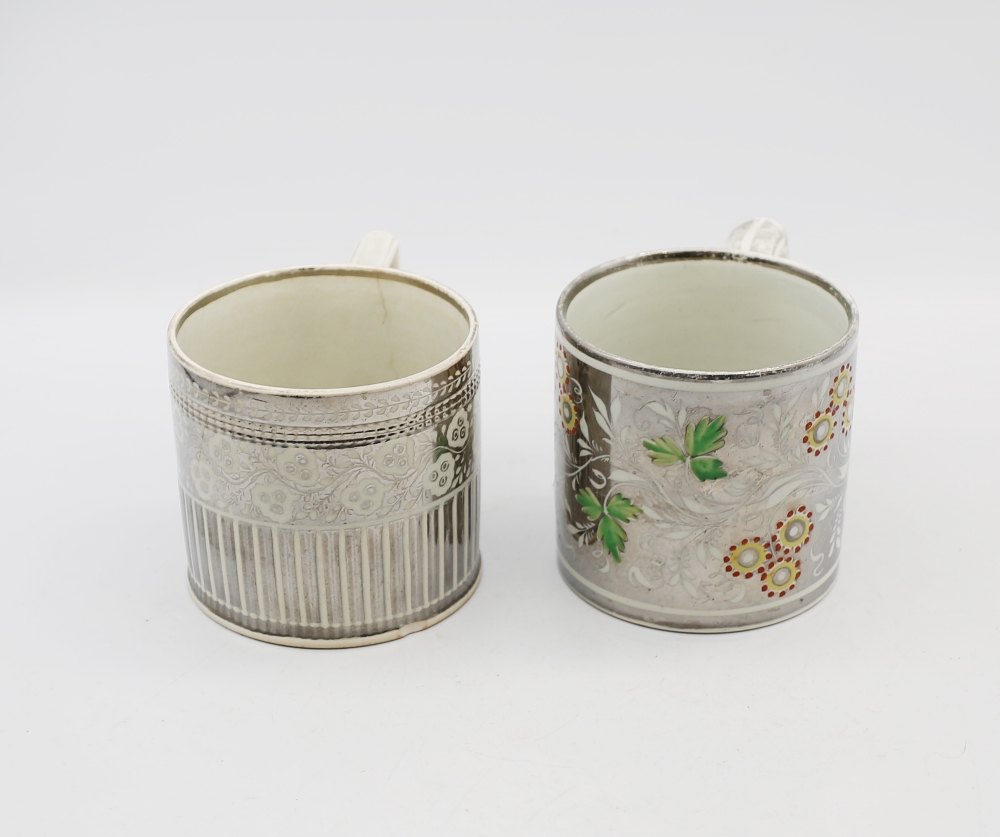 Two silver lustre mugs. One with yellow flowers and green leaves and an engine turned mug with - Image 4 of 6