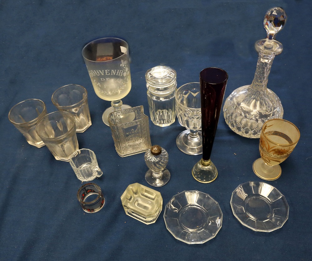 A mixed collection of early 20th Century glass wares to include cut glass decanter, rummer tumbler