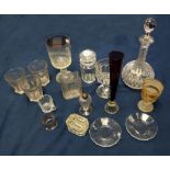 A mixed collection of early 20th Century glass wares to include cut glass decanter, rummer tumbler