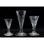Three late 18th Century cordial glasses, twist stems, funnel bowls on round bases.