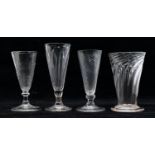 Four late 18th Century/early 19th Century twist cordial glasses, all different examples, on round